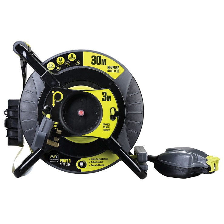 Masterplug 4 Gang 30m + 3m IP54 Rated Reverse Reel with Pull Out Socket