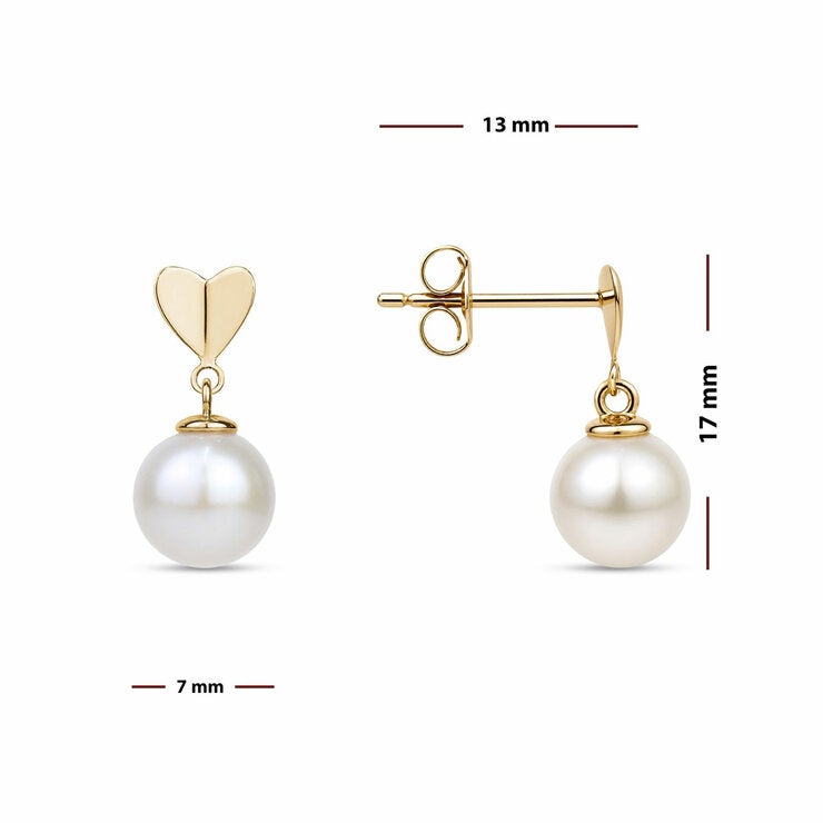 10.5-11mm Cultured Freshwater White Pearl Heart Drop Earrings, 14ct Yellow Gold
