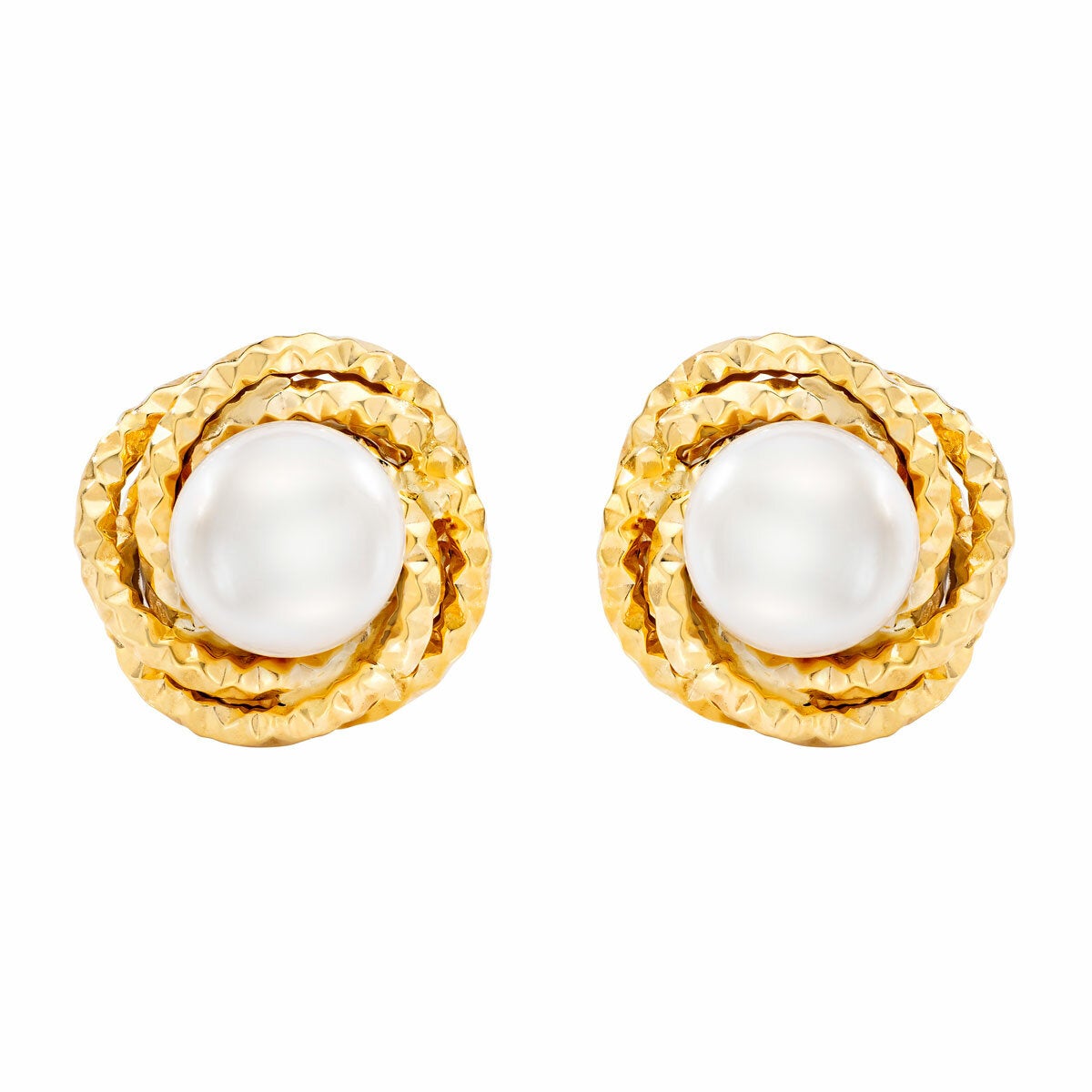 7-7.5mm Cultured Freshwater White Pearl Love Knot Earrings, 14ct Yellow Gold