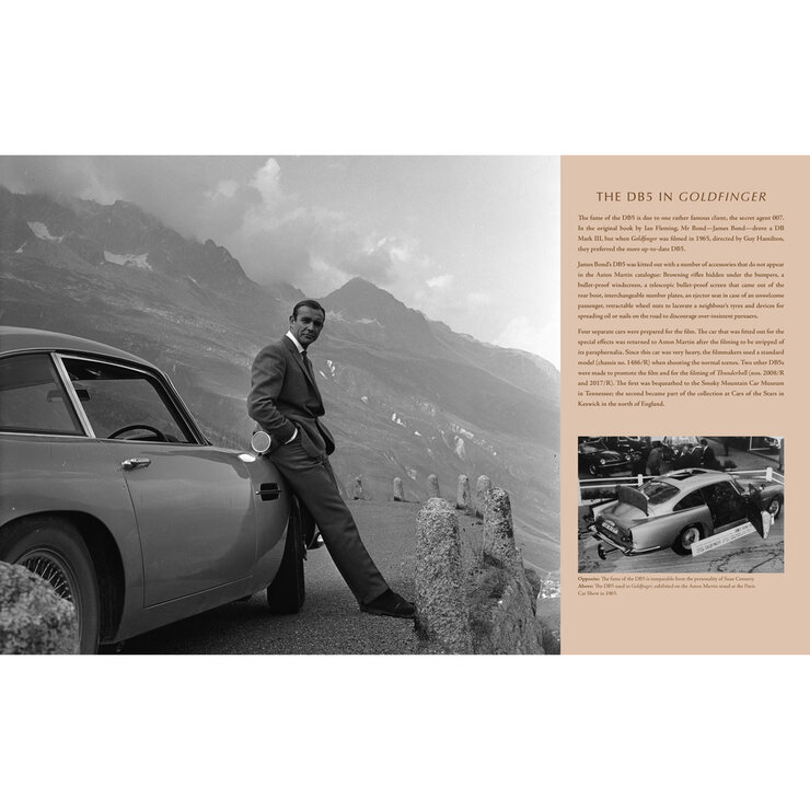 Page spread describing the DB5 in Goldfinger with image of Sean Connery Page spread describing the DB5 in Goldfinger with image of Sean Connery