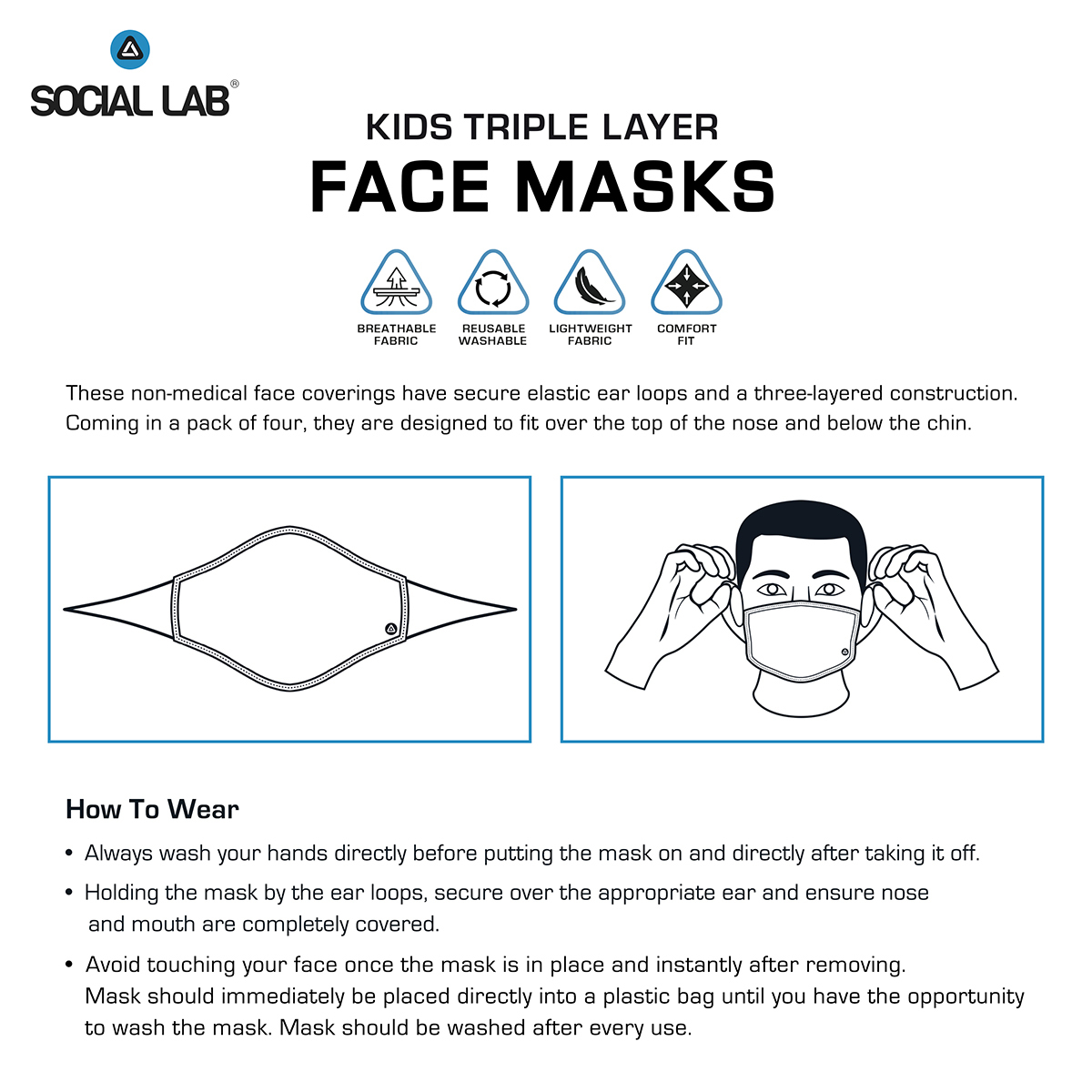 Social Lab Triple Layer Reusable Kid's Face Masks, 4 Pack