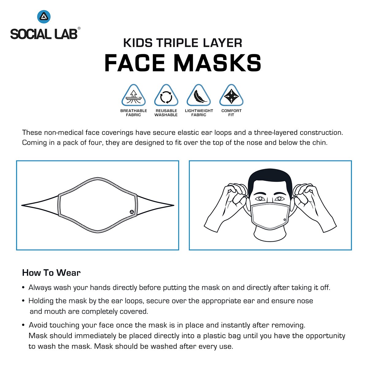 Social Lab Triple Layer Reusable Girl's Face Masks, 4 Pack