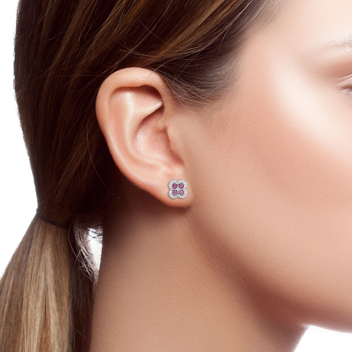 Round Cut Garnet & 0.15ctw Diamond Earrings, 14ct White Gold
