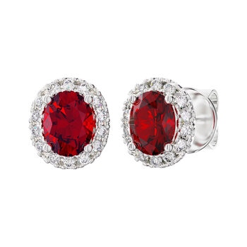 Oval Cut Ruby & 0.16ctw Diamond Halo Earrings, 14ct White Gold