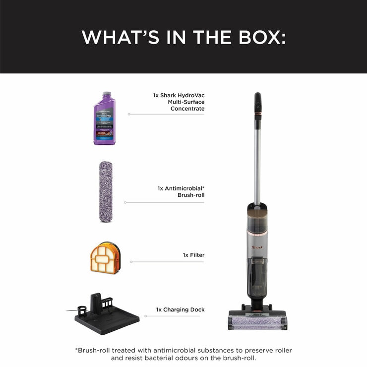 Front Profle of Shark HydroVac Cordless Hard Floor Cleaner showing what's in the box