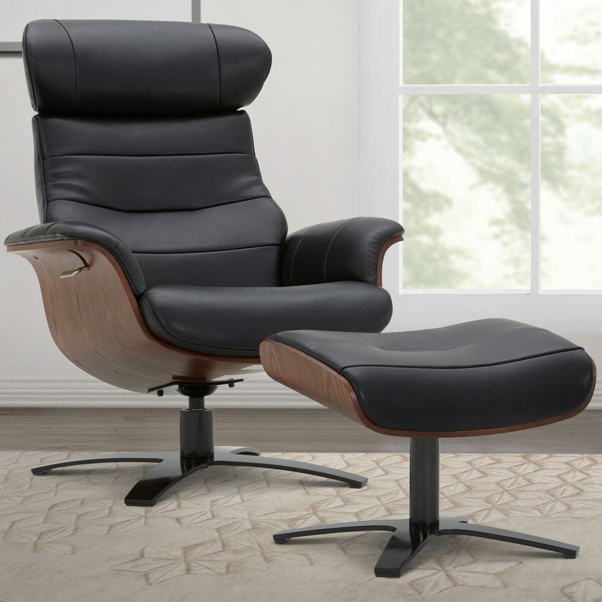 Karma Black Leather Swivel Chair, Black Leather Recliner With Ottoman