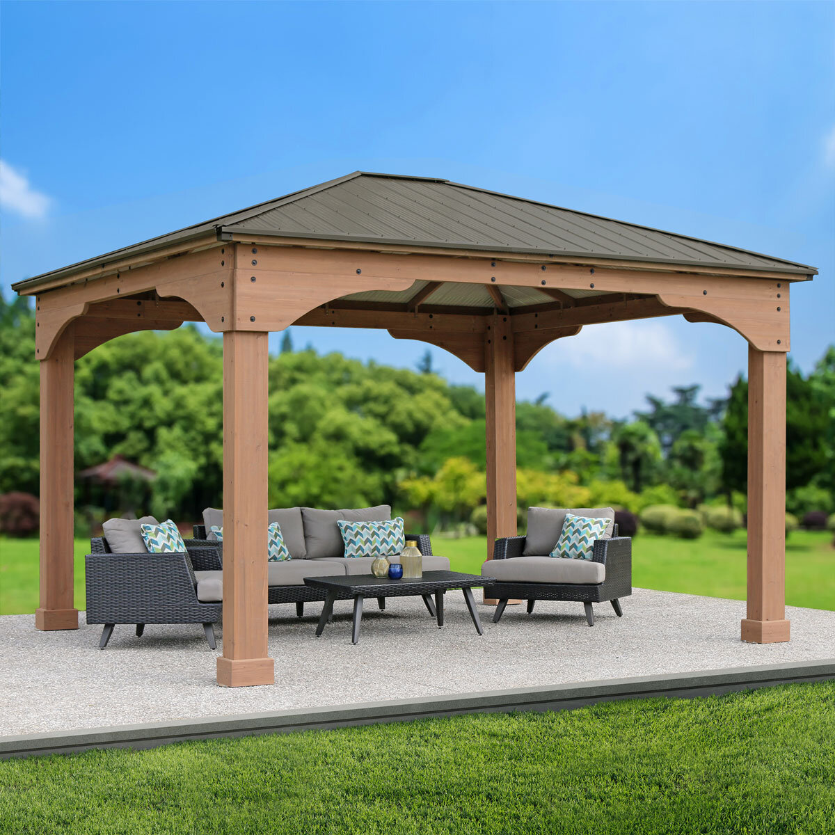 Yardistry 14ft x 12ft (4.3 x 3.7m) Wooden Gazebo with Aluminium Roof