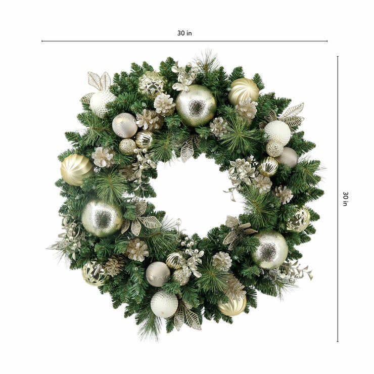 30 inch (76cm) Pre-Lit Decorated Wreath with 50 LED Lights in Metallic 30 inch (76cm) Pre-Lit Decorated Wreath with 50 LED Lights in Metallic