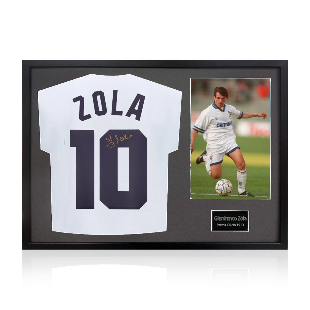Gianfranco Zola Signed Framed Parma Calcio Football Shirt & 1 Photo in Black Gianfranco Zola Signed Framed Parma Calcio Football Shirt & 1 Photo in Black