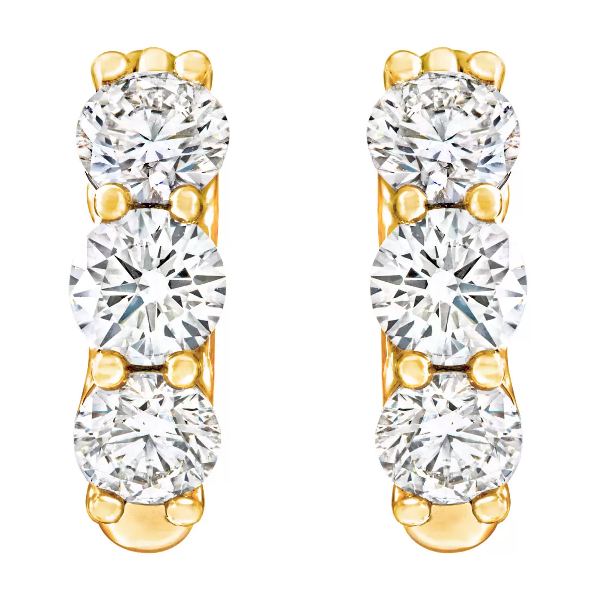 1.18ctw 3 Stone Diamond Hoop Earrings, 14ct Yellow Gold