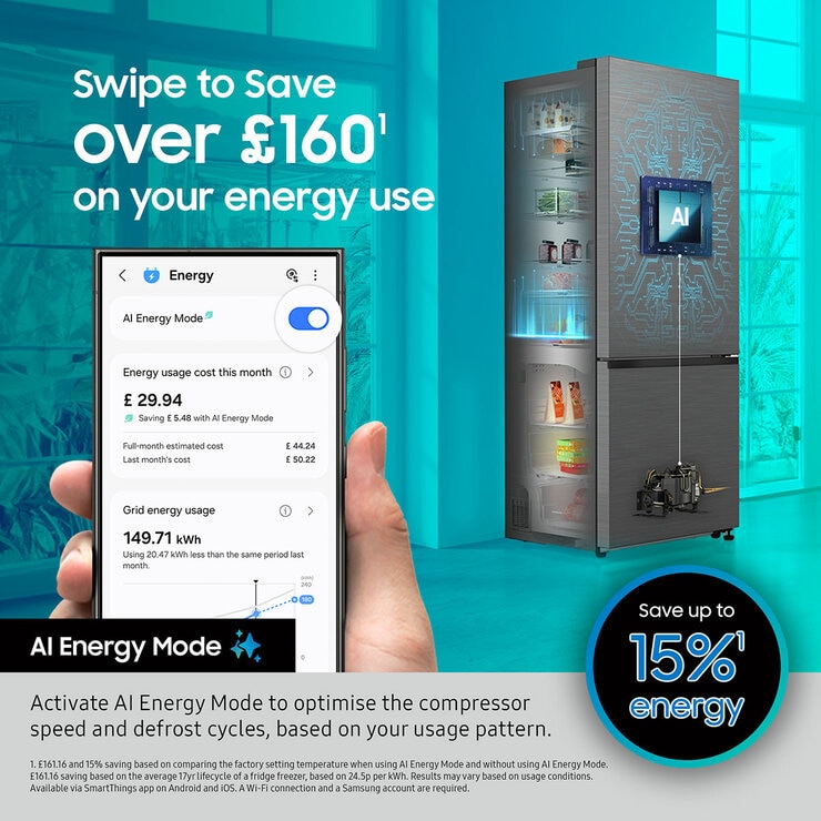 Samsung Series 8 SpaceMax RB53DG703ES9EU 538L Smart Combi Fridge Freezer,E Rated in Refined Inox