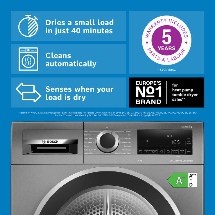 Bosch WQG245R2GB, Series 6, 9kg, Heat Pump Tumble Dryer A+++ Rating in Graphite