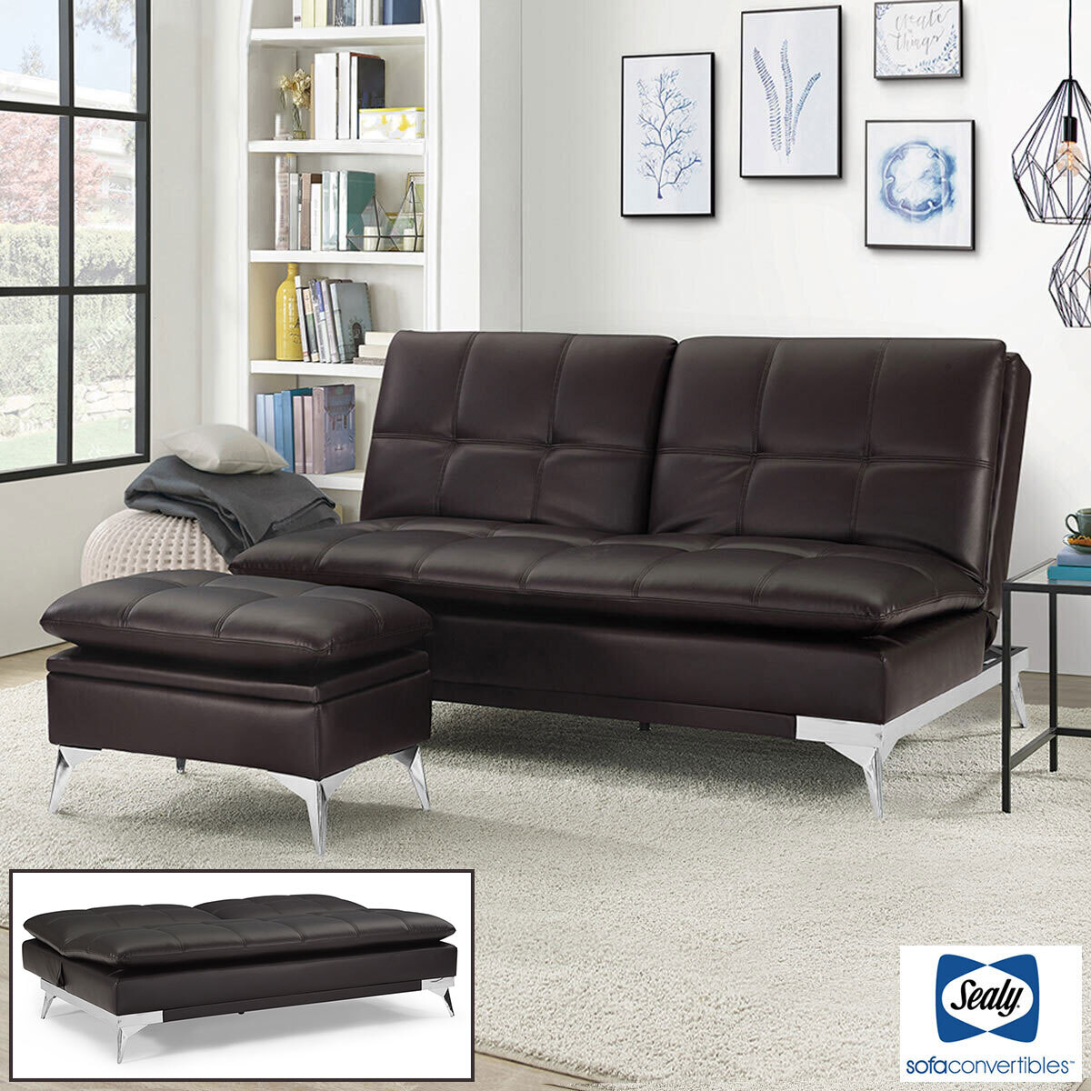 Sealy Brown Convertible Eurolounger with Storage Ottoman ...