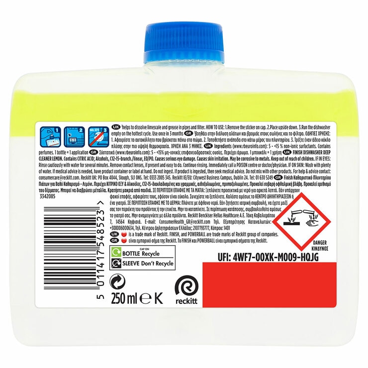 Finish Lemon Sparkle Dishwasher Cleaner, 4 x 250ml Finish Lemon Sparkle Dishwasher Cleaner, 4 x 250ml
