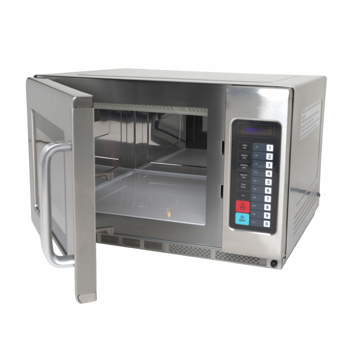 Slanted profile of Contender Commercial 1800W Microwave Oven with door opened