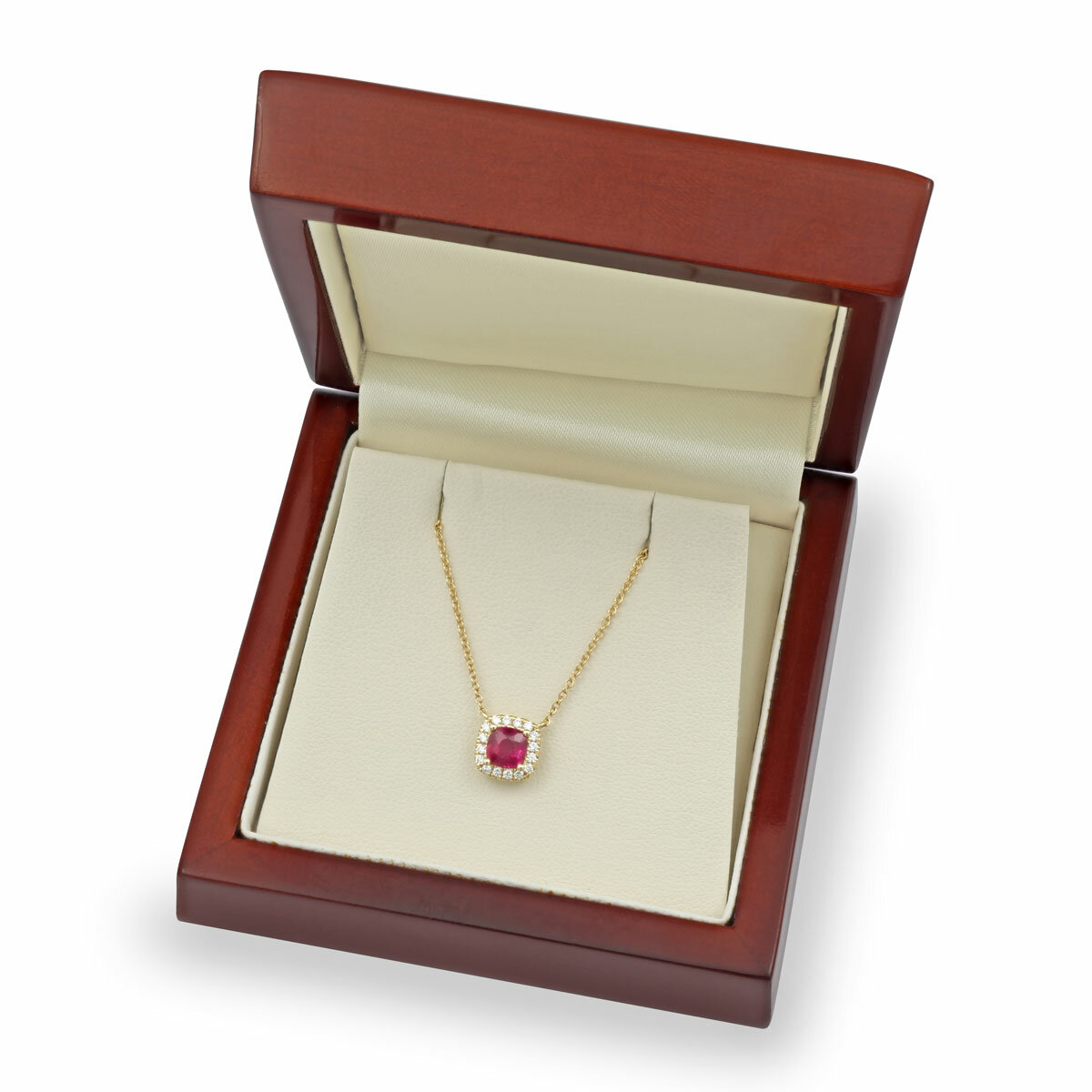 Cushion Cut Ruby & 0.13ctw Diamond Halo Necklace, 18ct Yellow Gold