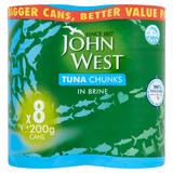 Front on shot of 8 200g tun tins wrapped in green and blue plastic