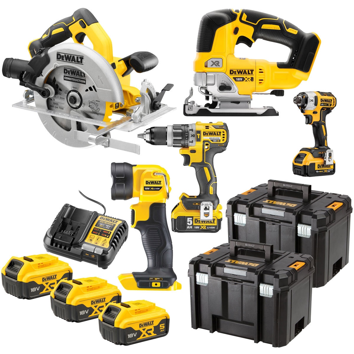 Dewalt 5 Piece Kit - 18v XR with 3x5ah Batteries and Cases