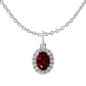 Oval Cut Ruby & 0.10ctw Diamond Halo Pendant, 14ct White Gold
