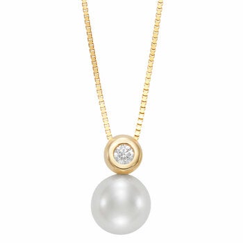 8-8.5mm Cultured Freshwater White Pearl & 0.07ct Diamond Pendant, 14ct Yellow Gold