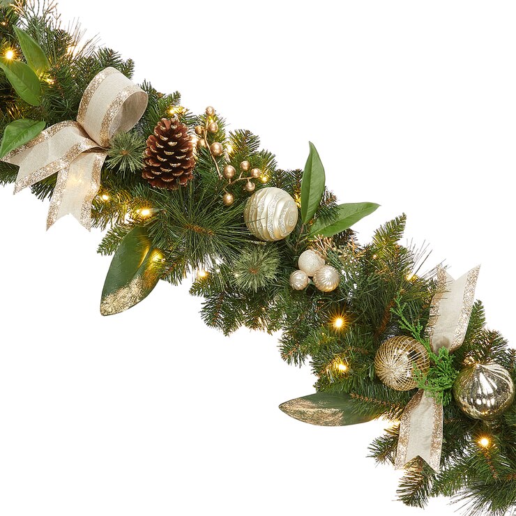 9ft (274.3 cm) PreLit Garland With Plug In Lights in Magnolia and Gold