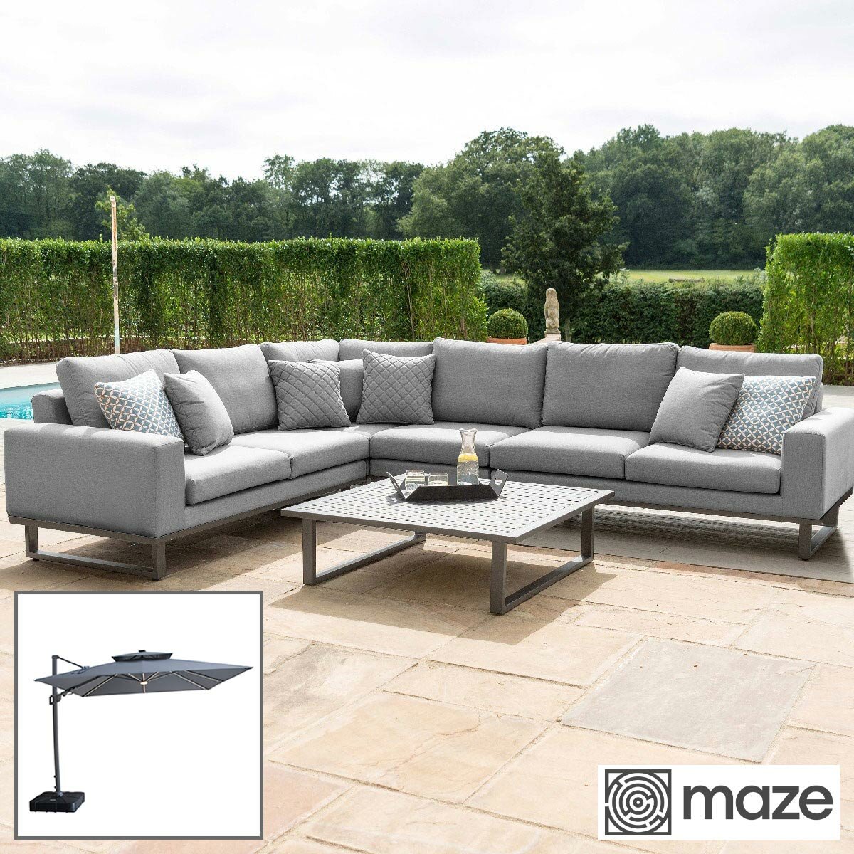 Maze Ethos Large Corner Patio Set + 10ft x 10ft Solar LED Cantilever Umbrella with Base