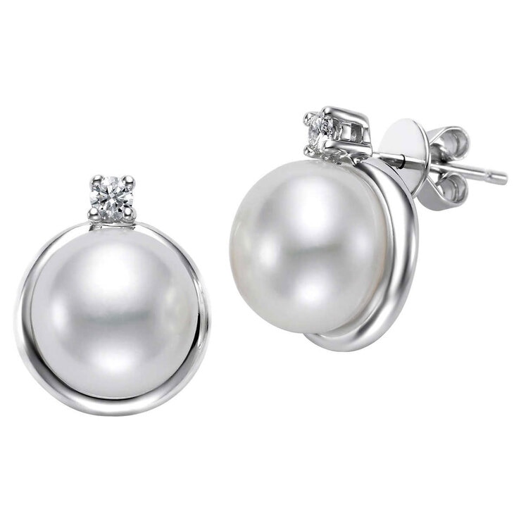 Freshwater 9-10mm Pearl & Diamond 14kt White Gold Earrings Freshwater 9-10mm Pearl & Diamond 14kt White Gold Earrings