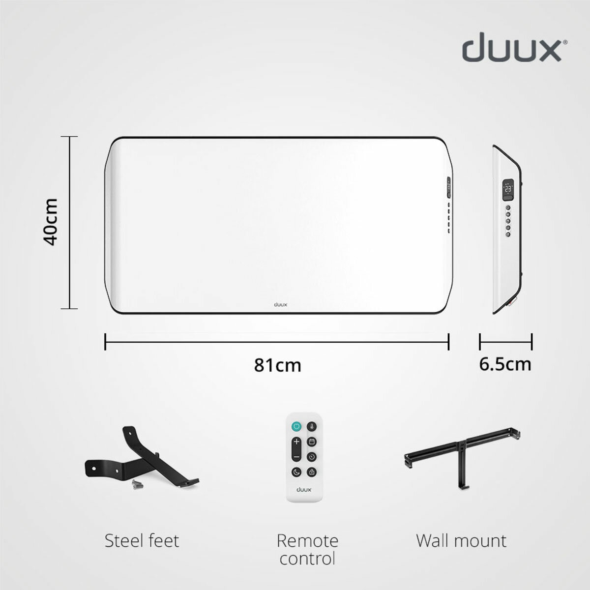 Lifestyle image of Edge 1000 Smart Convector Heater Gen 2 showing dimensions and what's in the box