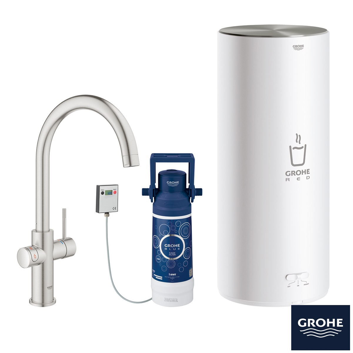 GROHE RED 3-in-1 Hot Water Home Kitchen Tap, Supersteel C-Spout with 7 Litre Boiler - Model 30328DC1