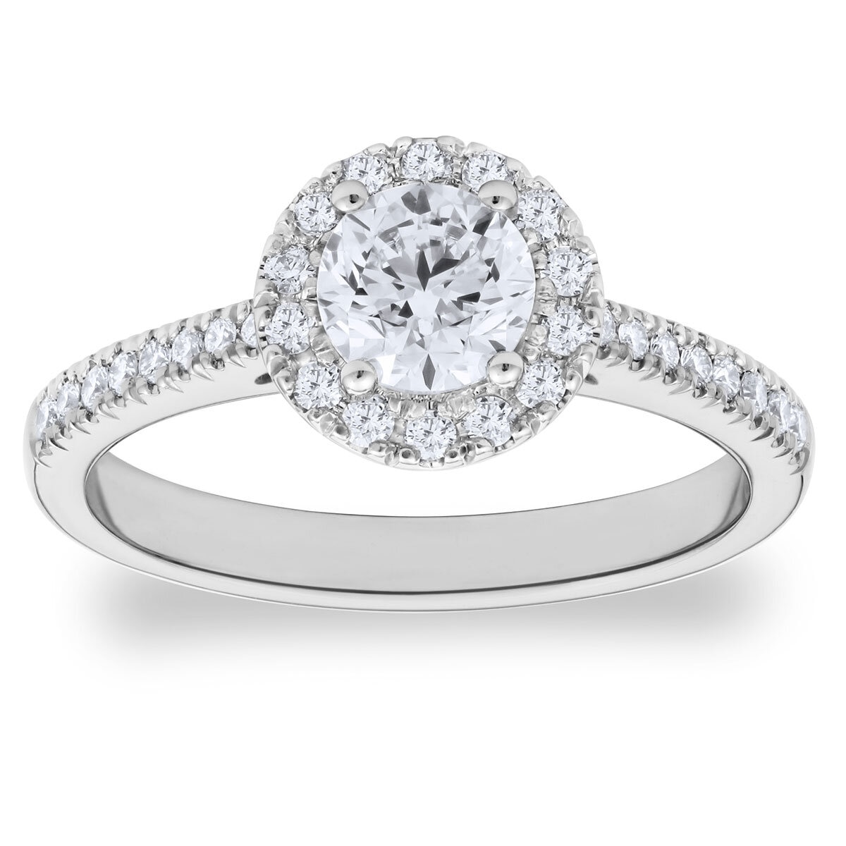 0.97ctw Round Brilliant Cut Diamond Halo Ring, Platinum - Size J