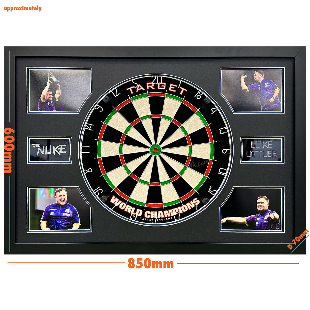 Luke Littler Signed Framed Dartboard, including 4 Photos