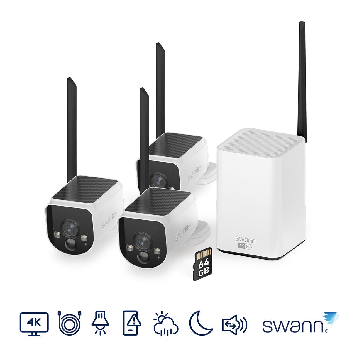 Swann MaxRanger4K Solar Security System Kit with 3 Wireless Cameras, Wi-Fi Hub with 64GB MicroSD Storage SWNVK-MR4KSD3-EU