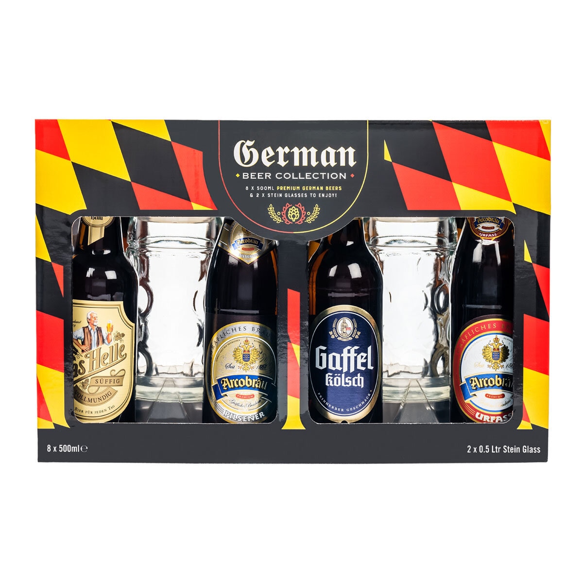 German Beer Collection with 2 Stein Glasses, 8 x 500ml C...