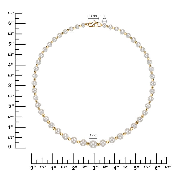 5-9m Cultured Freshwater White Pearl & Gold Bead Graduated Necklace, 14ct White Gold