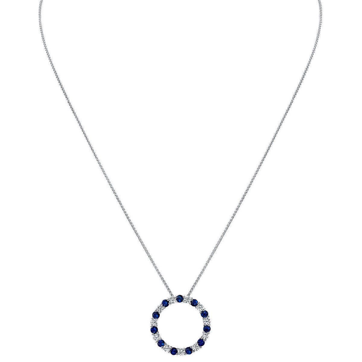 Round Cut Blue Sapphire and 0.66ctw Diamond Circle Pendant, 14ct White Gold