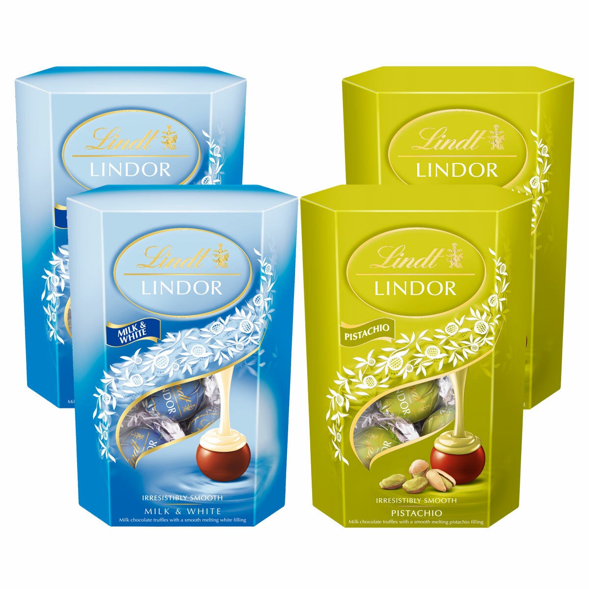 Lindt Lindor Milk & White & Pistachio Chocolate Truffles, 4 x 200g
