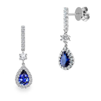 Pear Cut Blue Sapphire & 0.44ctw Diamond Drop Earrings, 18ct White Gold