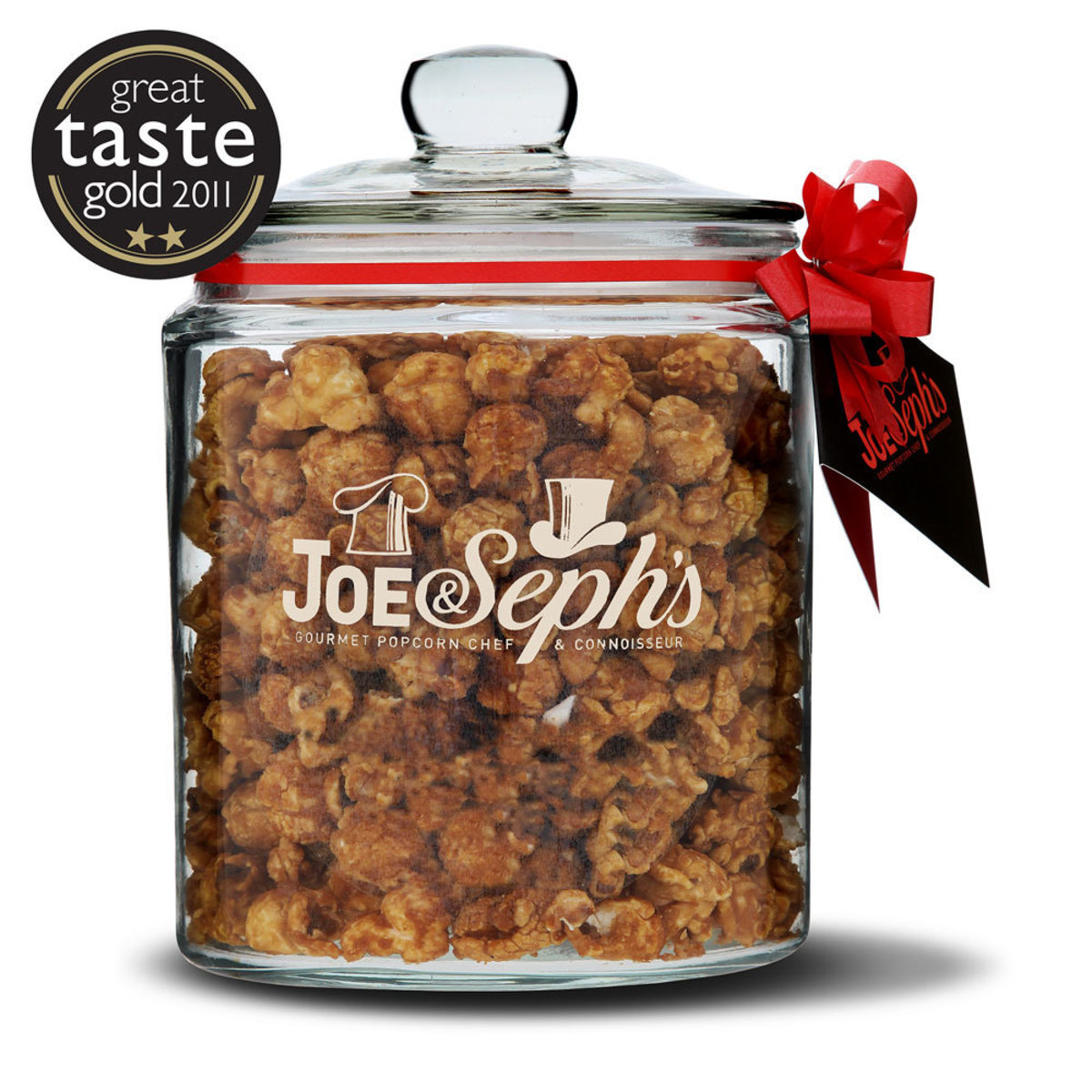 Resuable Glass Jar showing Popcorn with Red Bow and Joeseph brand label