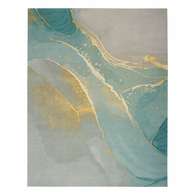 Rug featuring a marbled abstract pattern in teal, turquoise, beige and gold, with flowing shapes and fine gold lines. Rug featuring a marbled abstract pattern in teal, turquoise, beige and gold, with flowing shapes and fine gold lines.