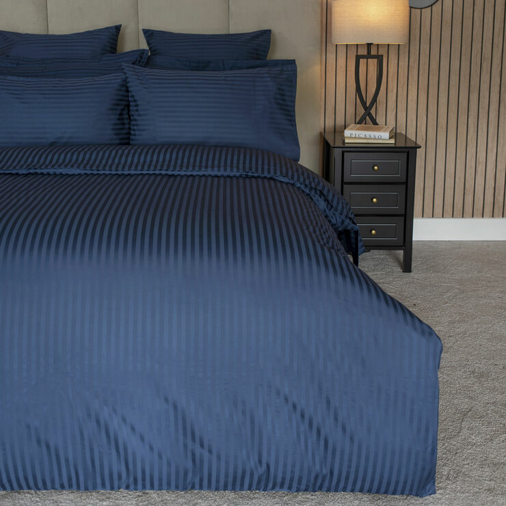 Belledorm 540 Thread Count Satin Stripe Navy Duvet Cover Set in 3 Sizes