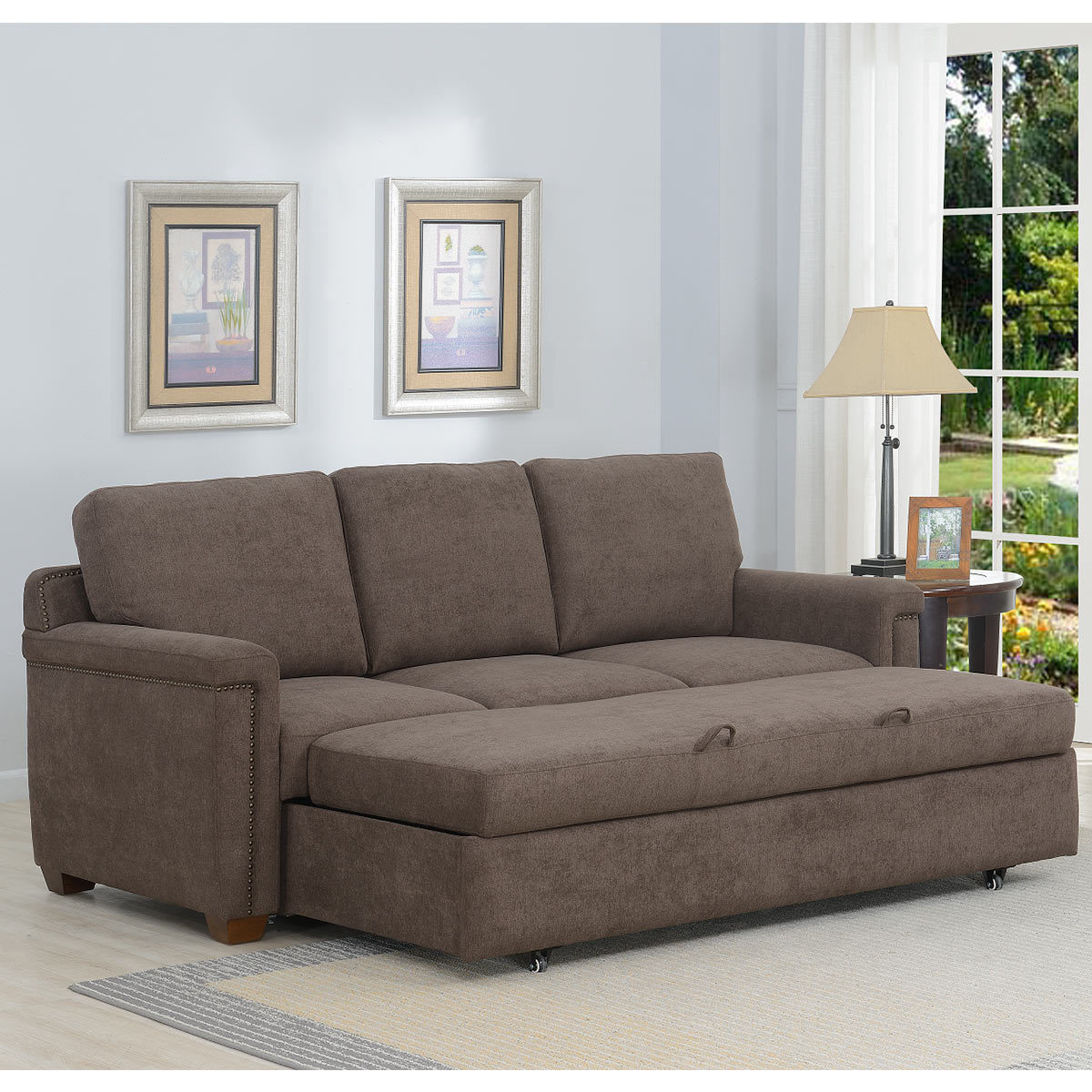 Mstar Arlene 3 Seater Brown Fabric Convertible Sofa Bed Costco UK