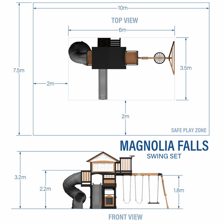Lifestyle image showing the dimensions of the Backyard Discovery Magnolia Falls Wooden Climbing Frame and Swing Set