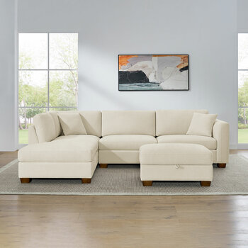 Thomasville Walsen Cream Fabric Corner Sofa with Storage Ottoman in 2 Configurations