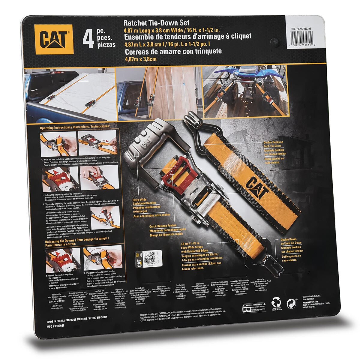 CAT® Heavy Duty Ratcheting Tie Down Straps 1.5" x 16ft, 1362kg (4 Pack