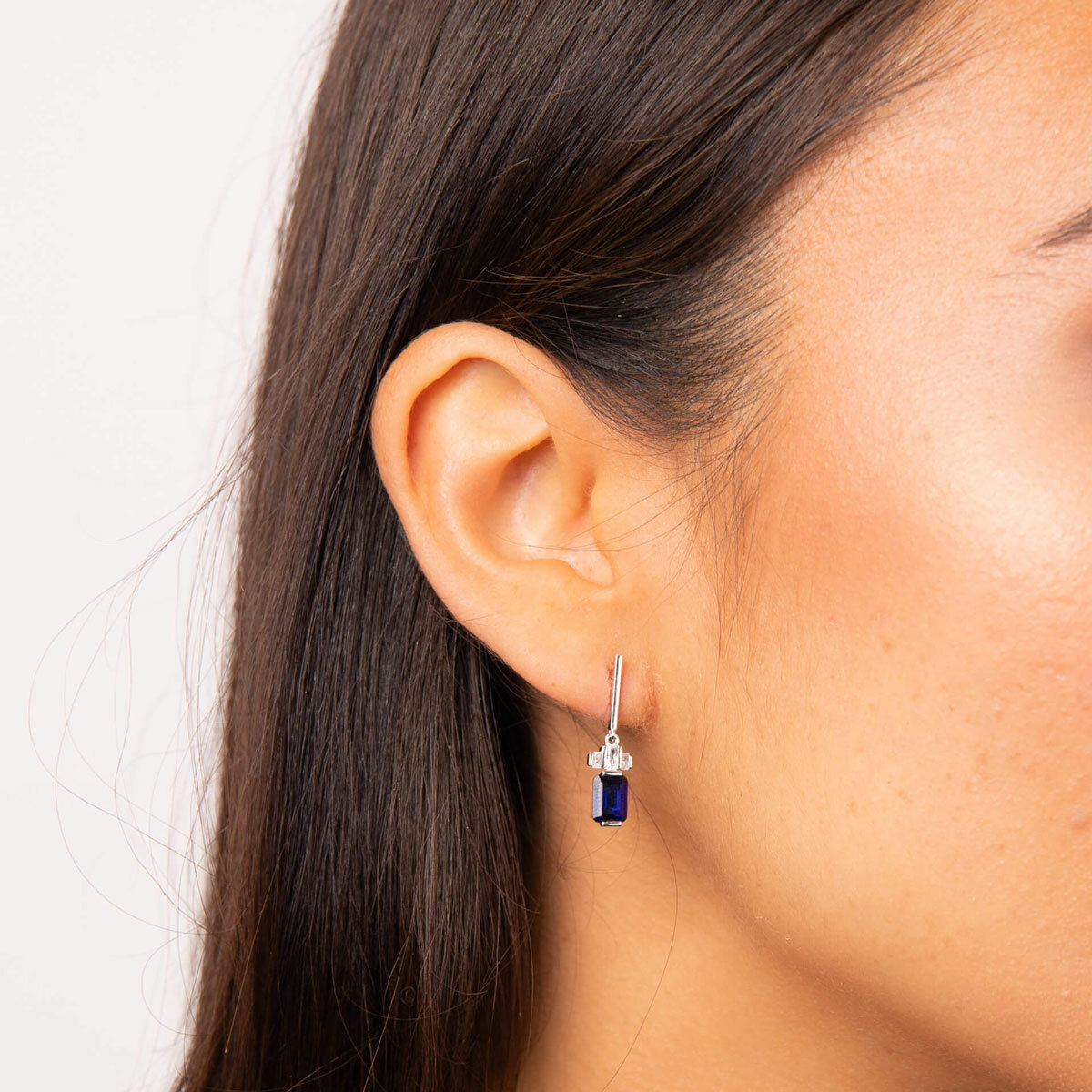 Diamonfire Sterling Silver Sapphire Cubic Zirconia Emerald Cut Drop Earrings Modeled