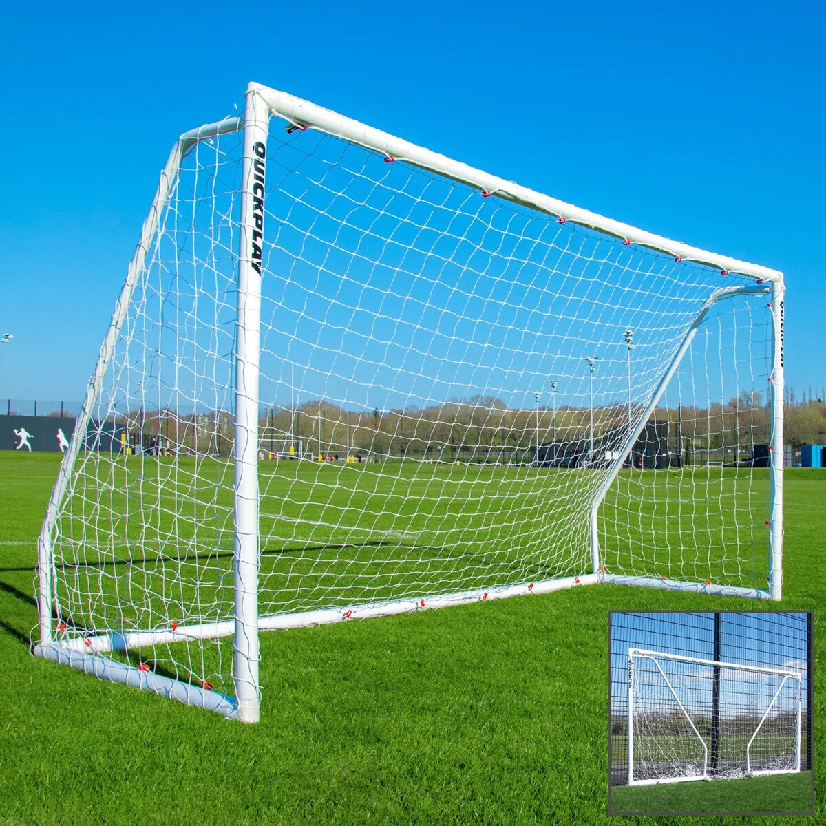 Lifestyle image of the goal with a smaller image showing it folded flat Lifestyle image of the goal with a smaller image showing it folded flat