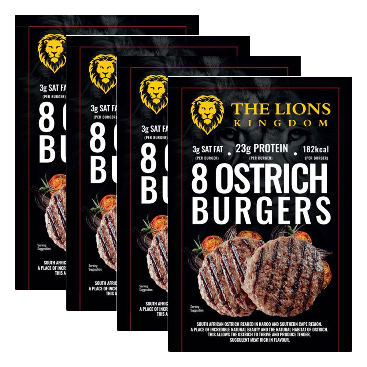 The Lions Kingdom Ostrich Burgers, 4 x 8 Pack
