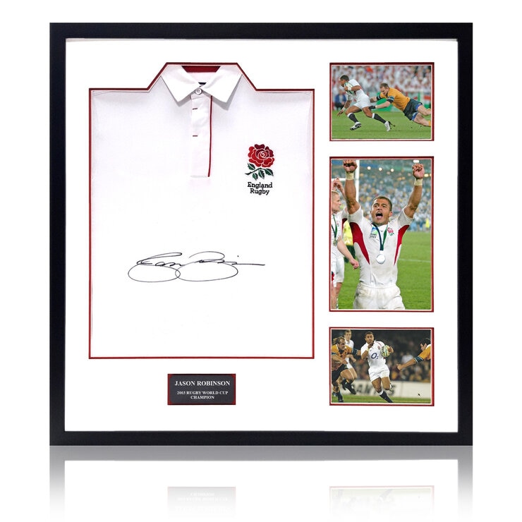 Jason Robinson Signed England Rugby Framed Shirt, including 3 Photos Jason Robinson Signed England Rugby Framed Shirt, including 3 Photos