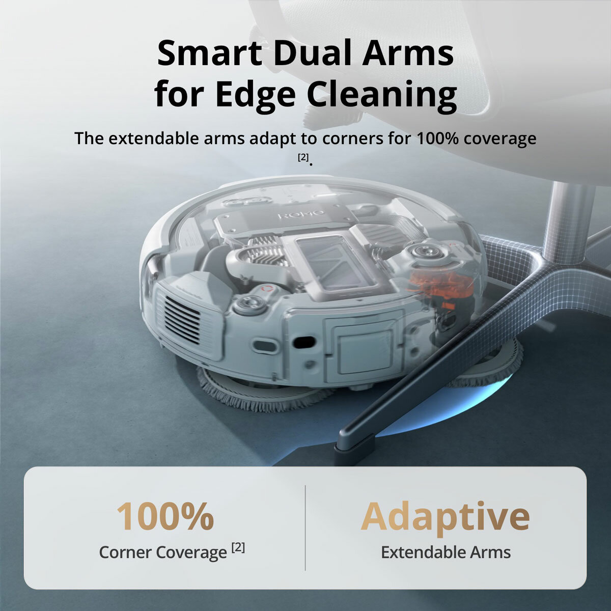 Lifestyle image of DJI ROMO A Robot Vacuum with smart dual arms for edge cleaning
