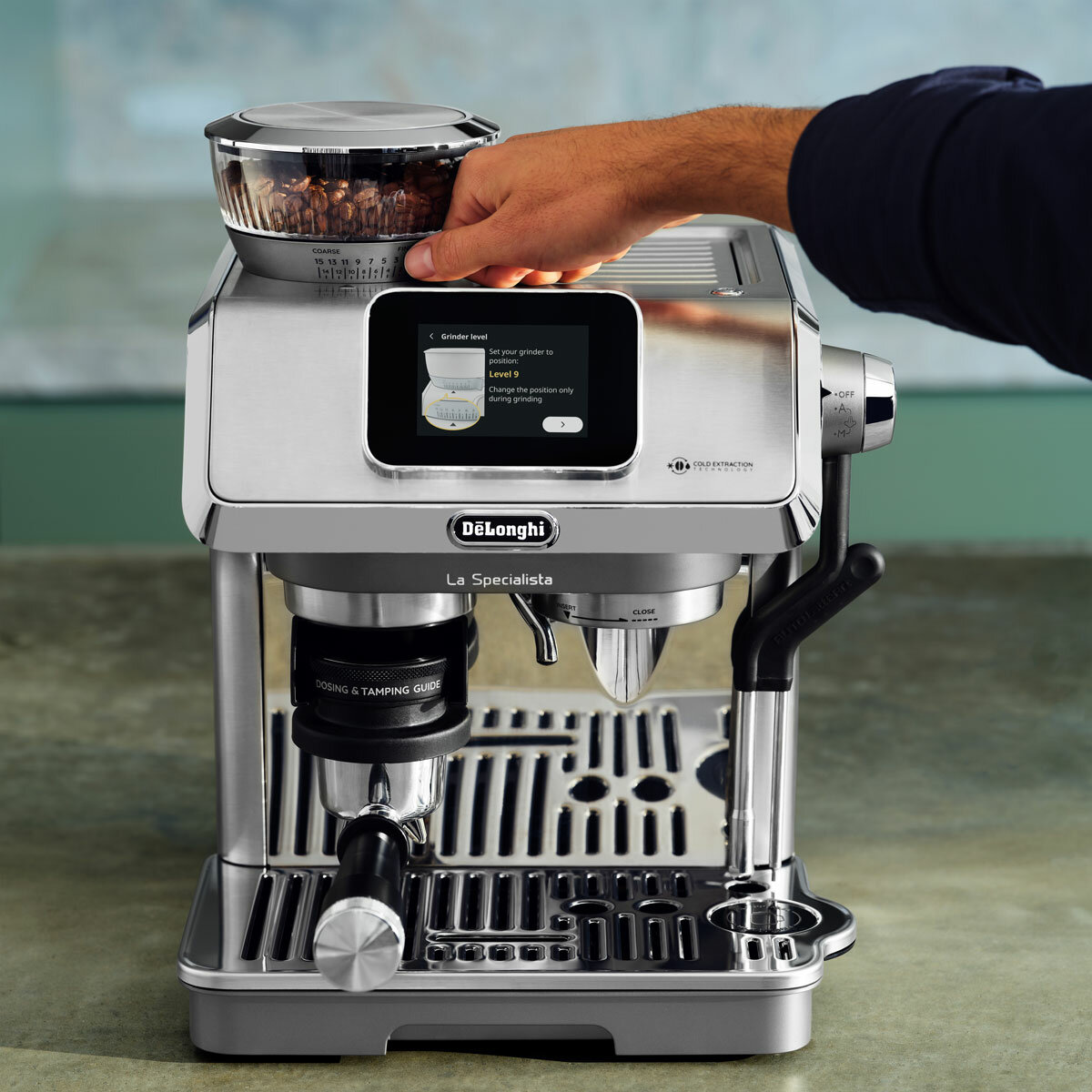 Lifestyle images of De'Longhi La Specialista Touch Coffee Machine on a kitchen countertop